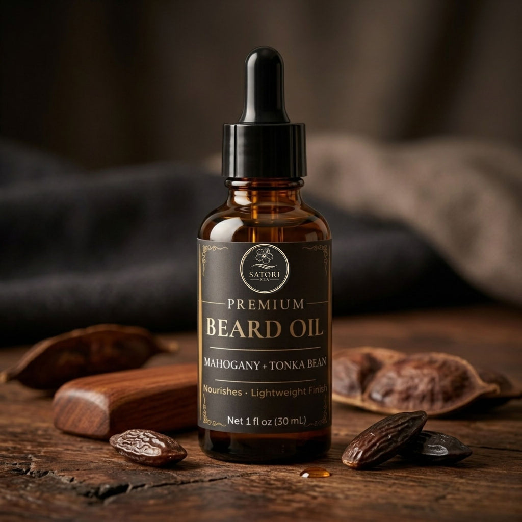 Bottle of premium beard oil with a dropper on a wooden surface with dried fruits and a wooden tool.
