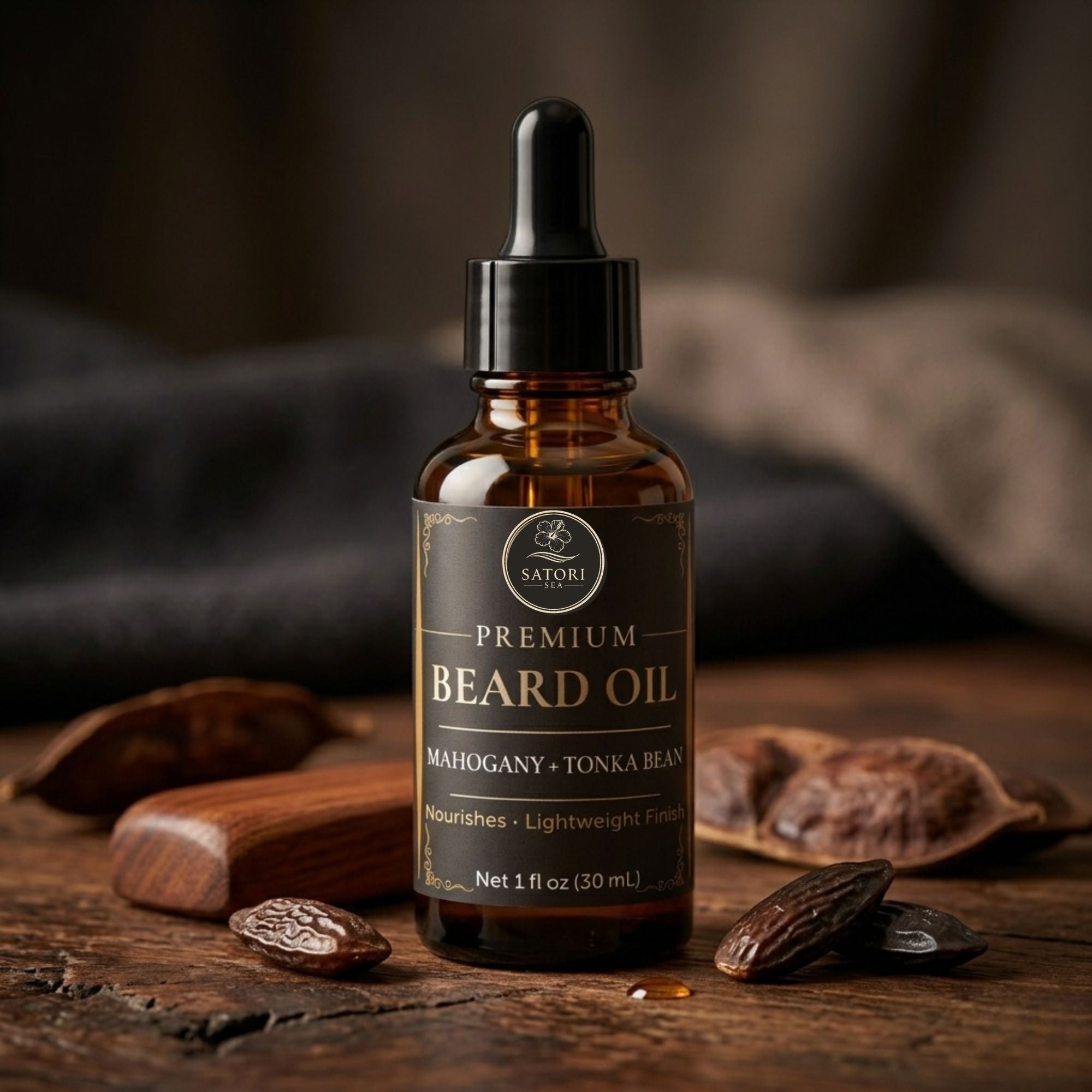 Bottle of premium beard oil with a dropper on a wooden surface with dried fruits and a wooden tool.
