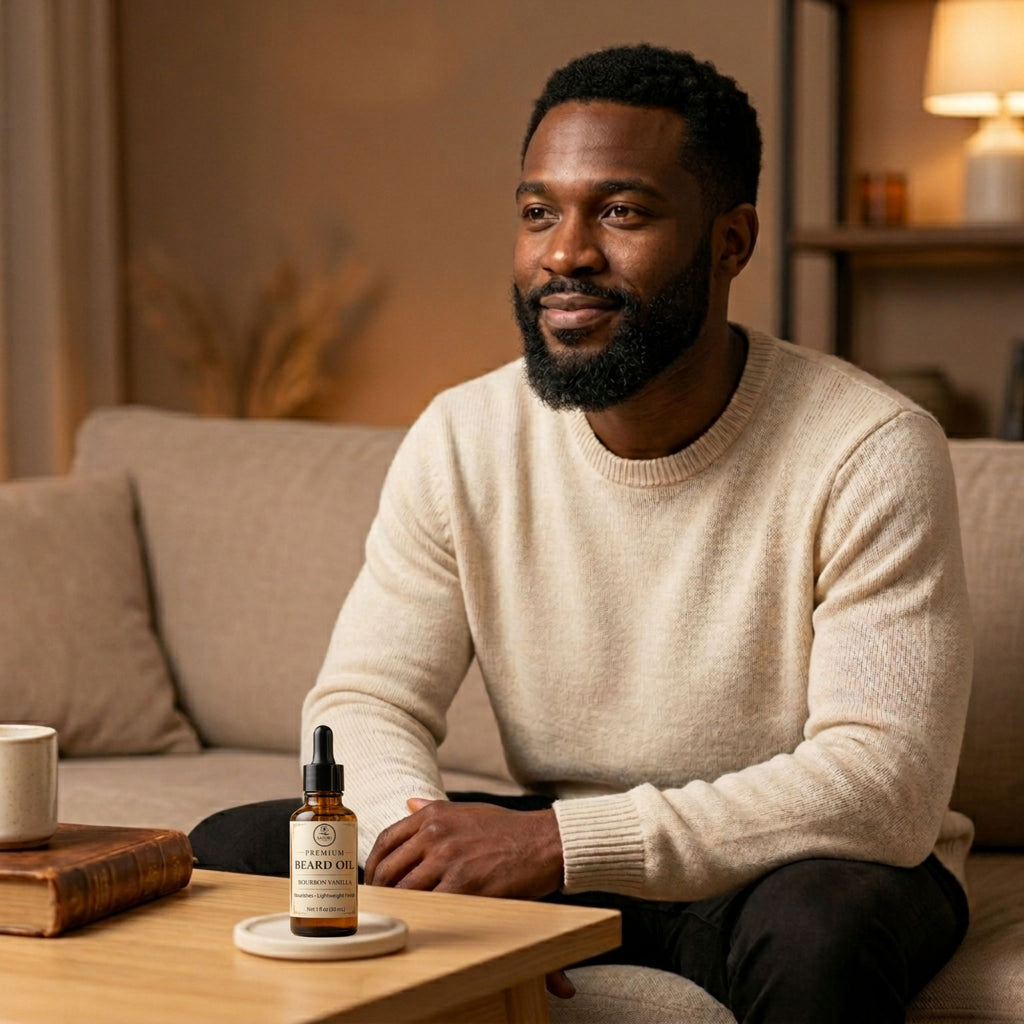 Man sitting on a couch with a bottle of beard oil on a table in front of him.