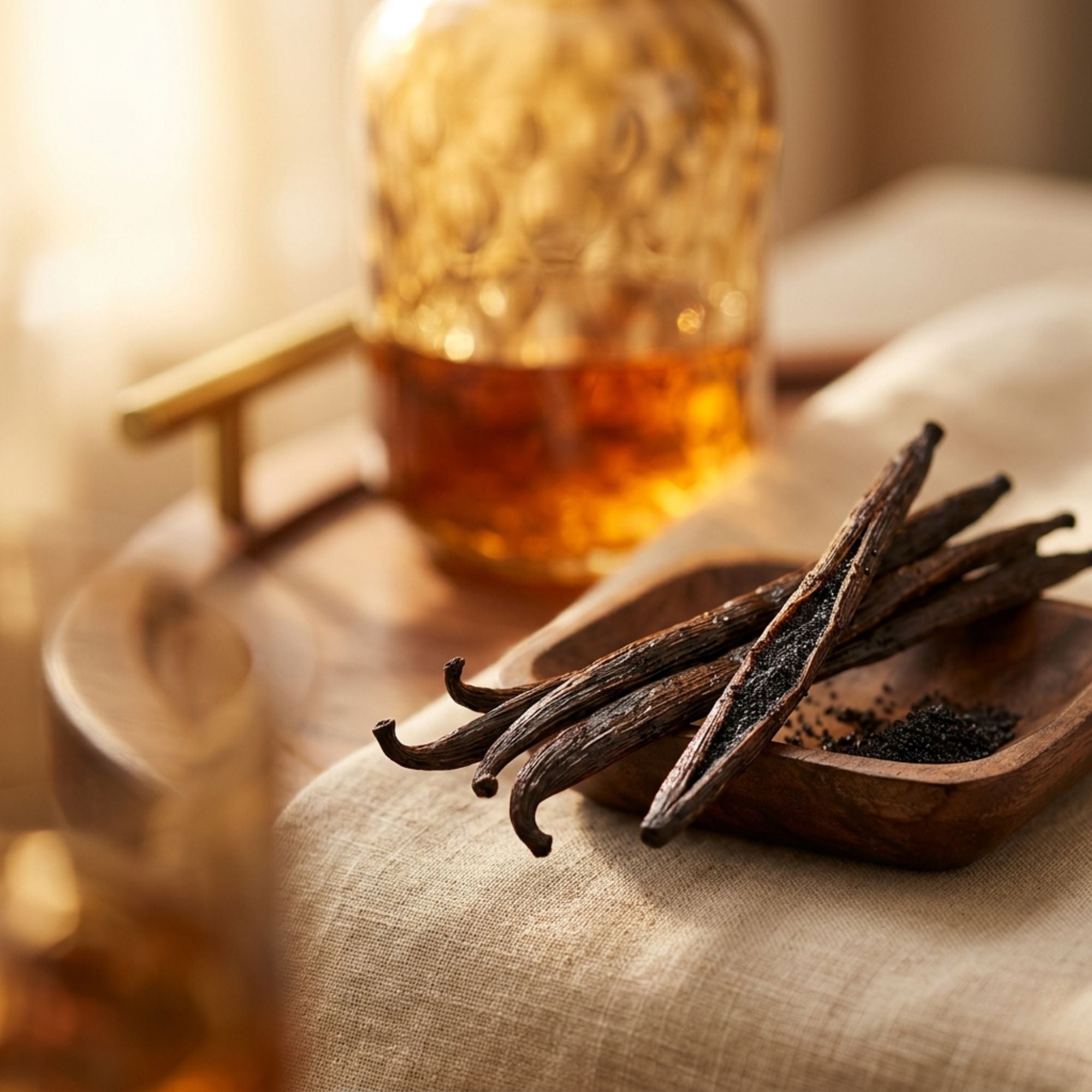 Vanilla beans on a wooden spoon with a blurred glass of tea in the background