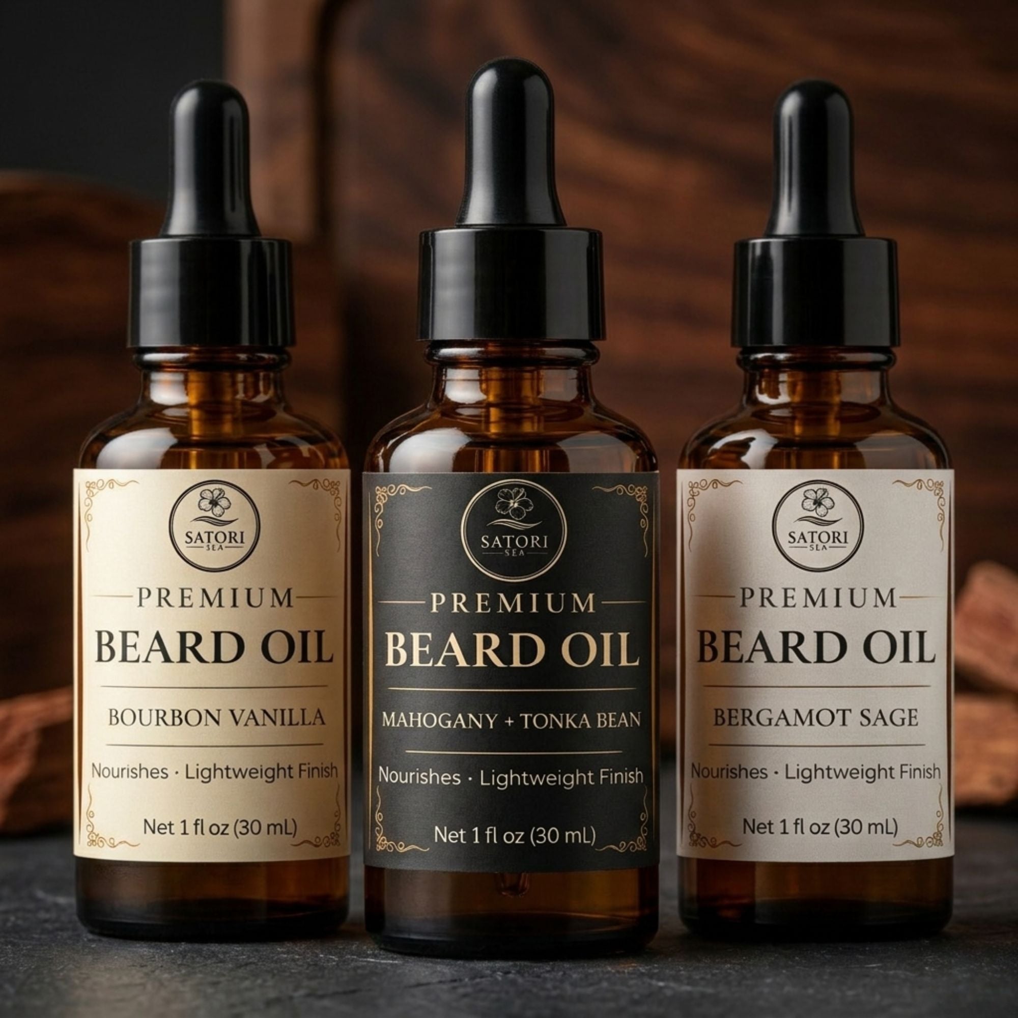 Three bottles of Satori Premium Beard Oil with different scents on a dark background.
