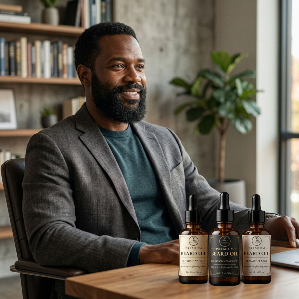 Man sitting at a table with bottles of beard oil in a home office setting