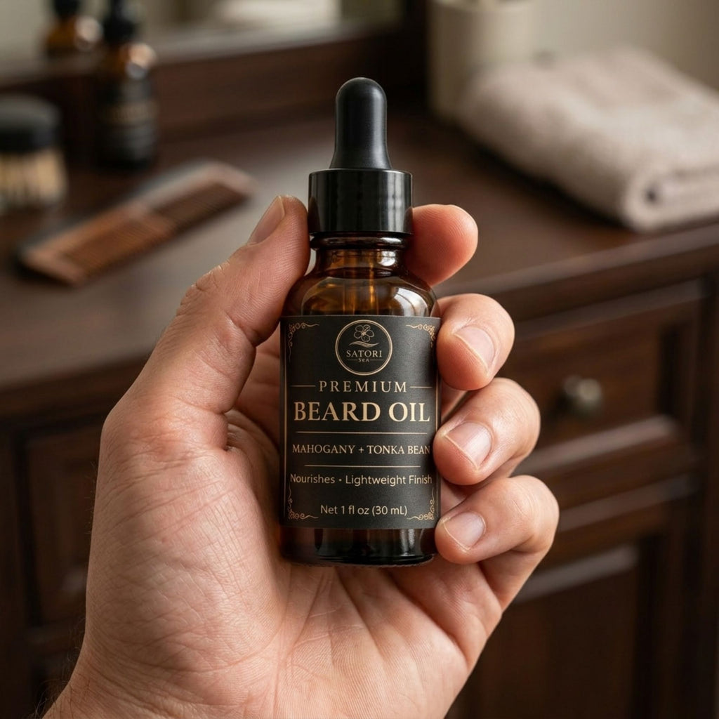 Hand holding a bottle of Satori Premium Beard Oil in a bathroom setting