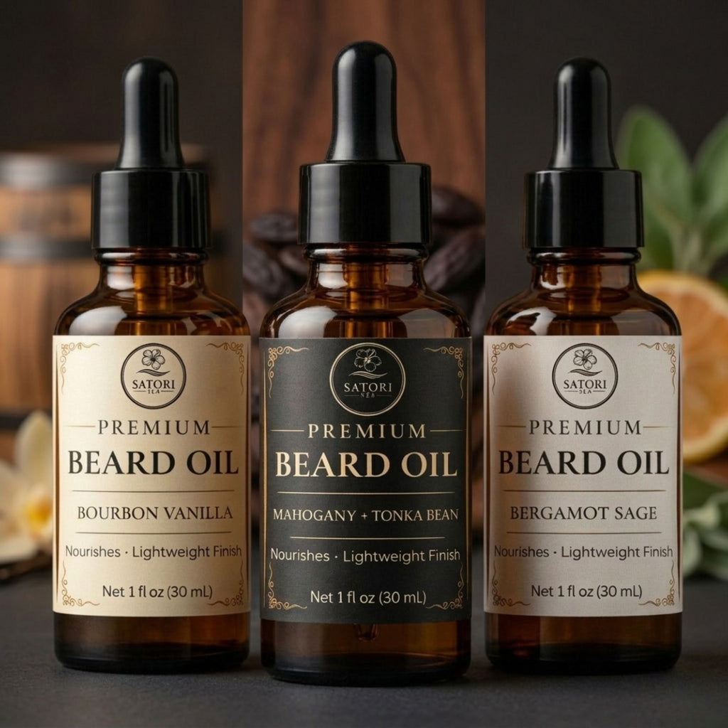 Three bottles of Satori Premium Beard Oil with different scents on a dark background.