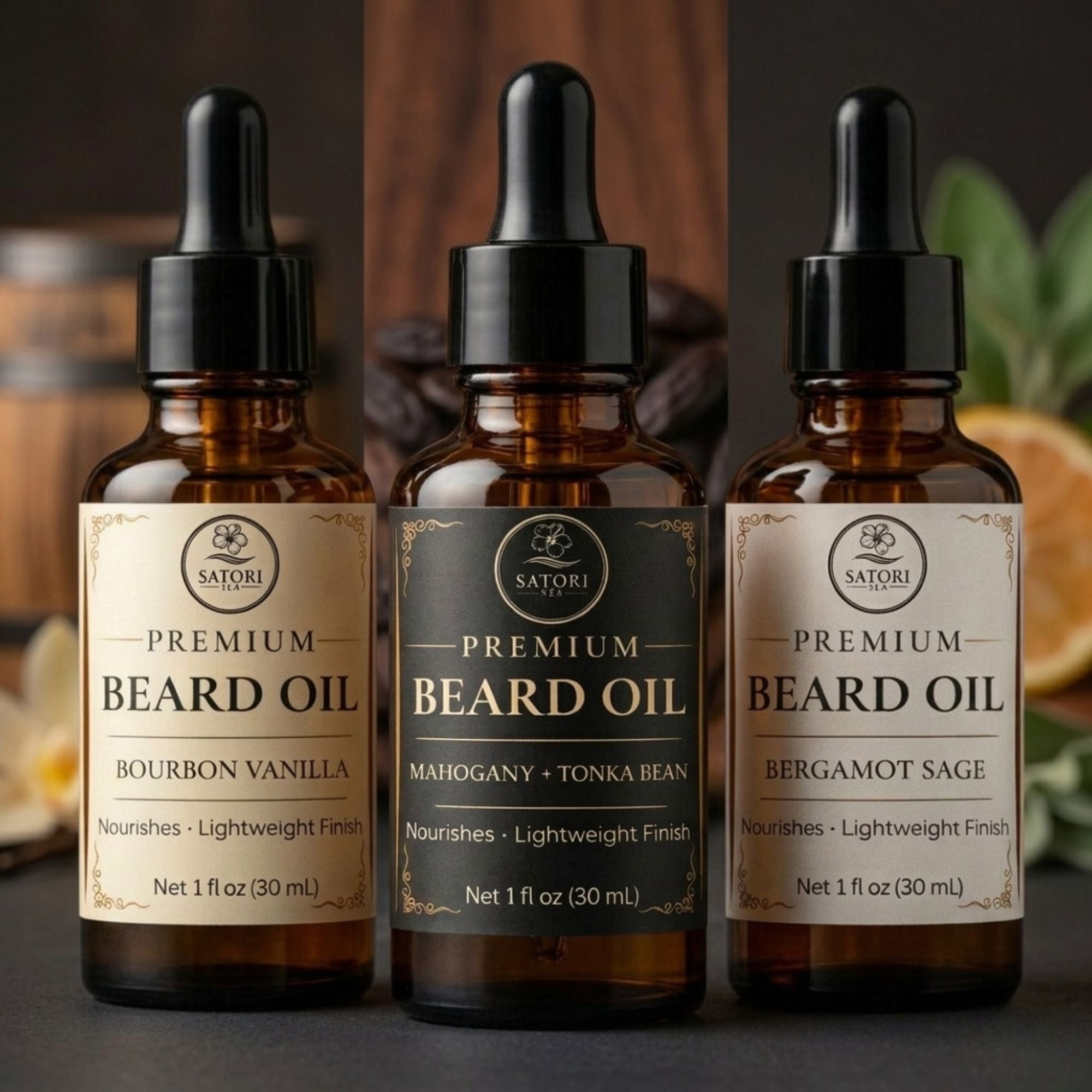Three bottles of Satori Premium Beard Oil with different scents on a dark background.