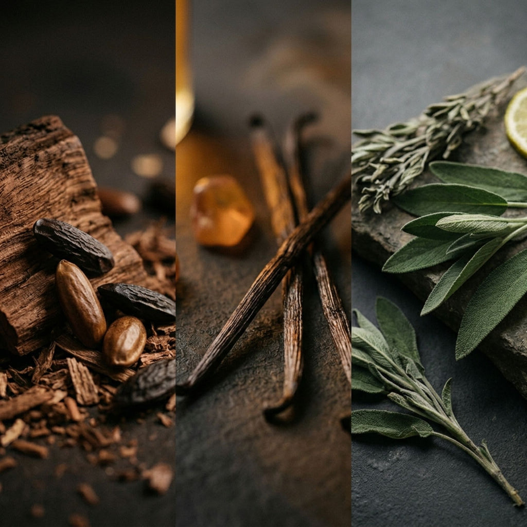 Collage of spices and herbs including vanilla beans, cinnamon sticks, and sage leaves on a dark surface.