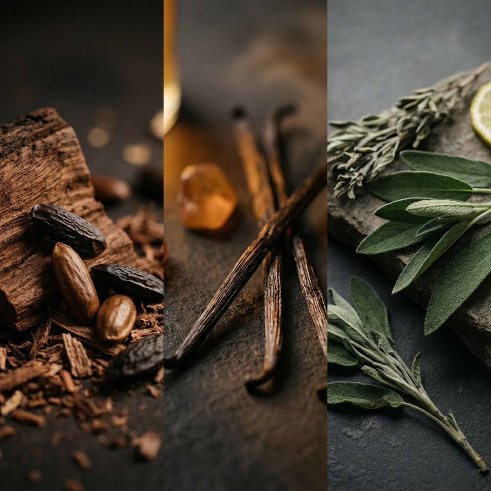 Collage of spices and herbs including vanilla beans, cinnamon sticks, and sage leaves on a dark surface.