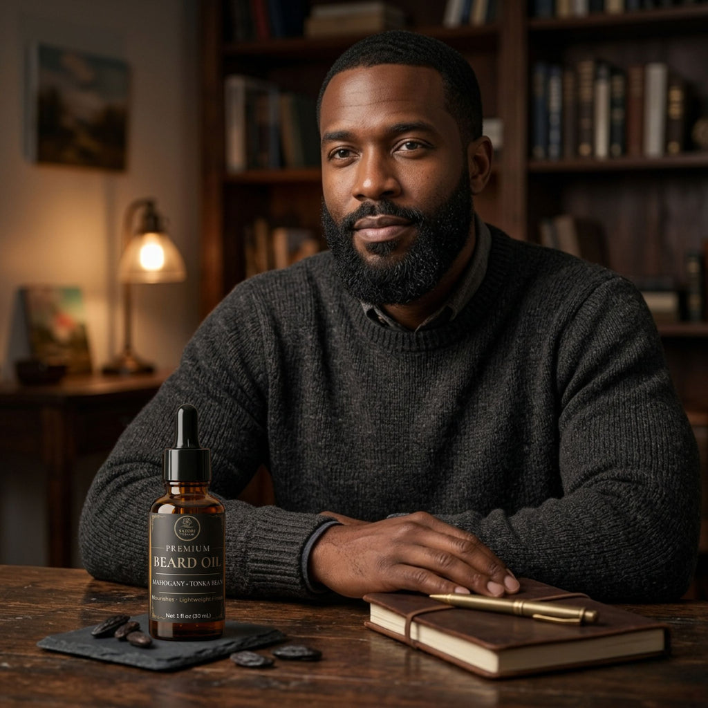 Man sitting at a table with a bottle of beard oil and a book in a cozy room.