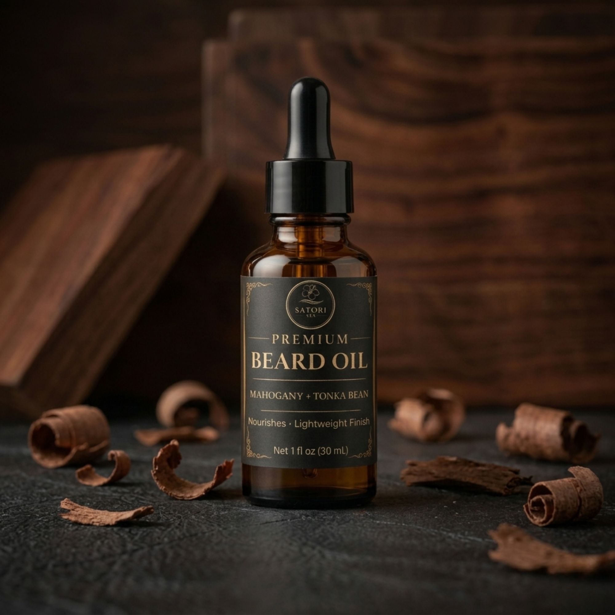 Bottle of premium beard oil with a wooden background