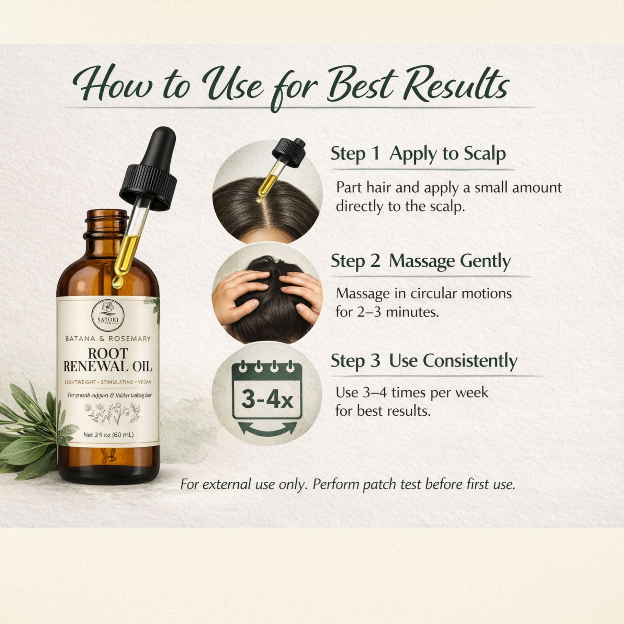 Root Renewal Oil bottle with usage instructions on a light background