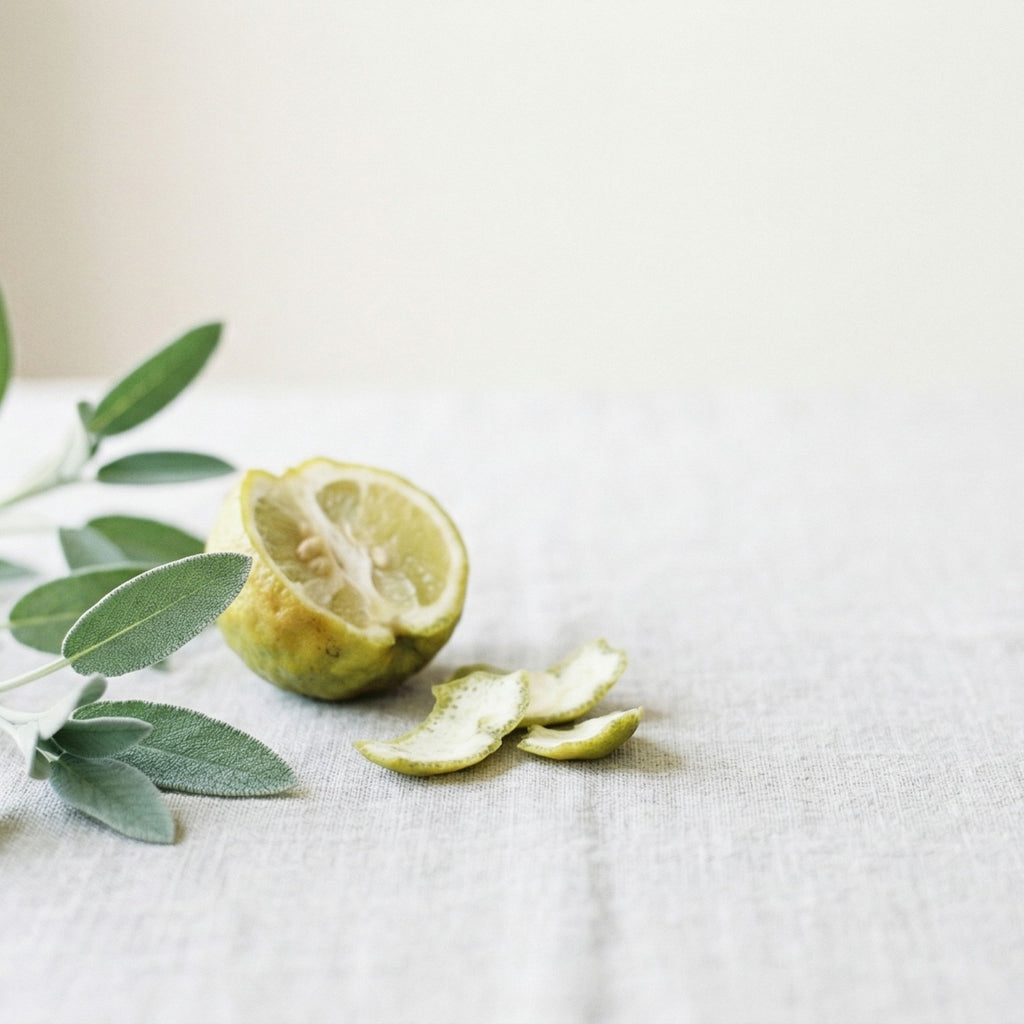 Sliced lime with green leaves on a light fabric background