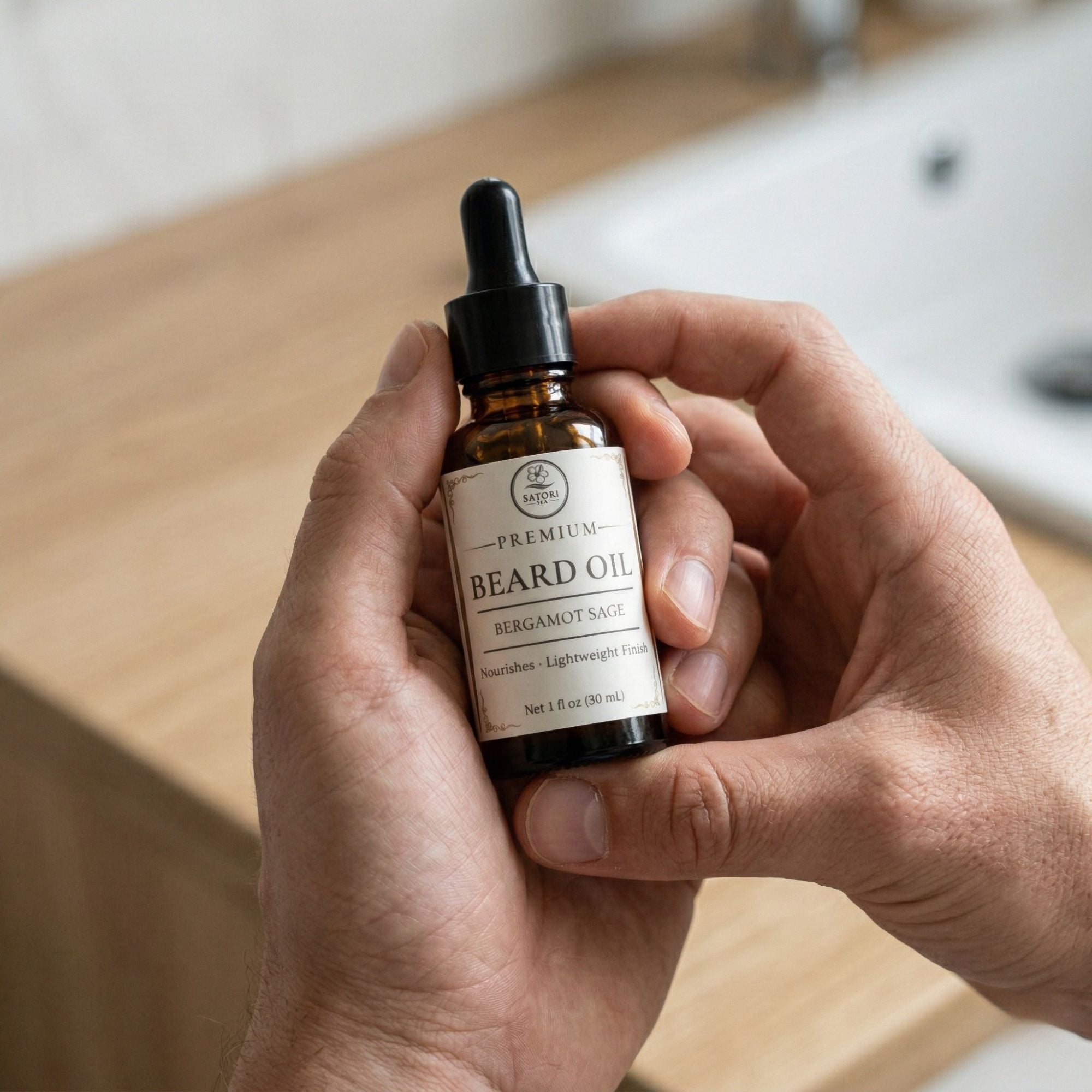 Hand holding a bottle of premium beard oil on a wooden surface
