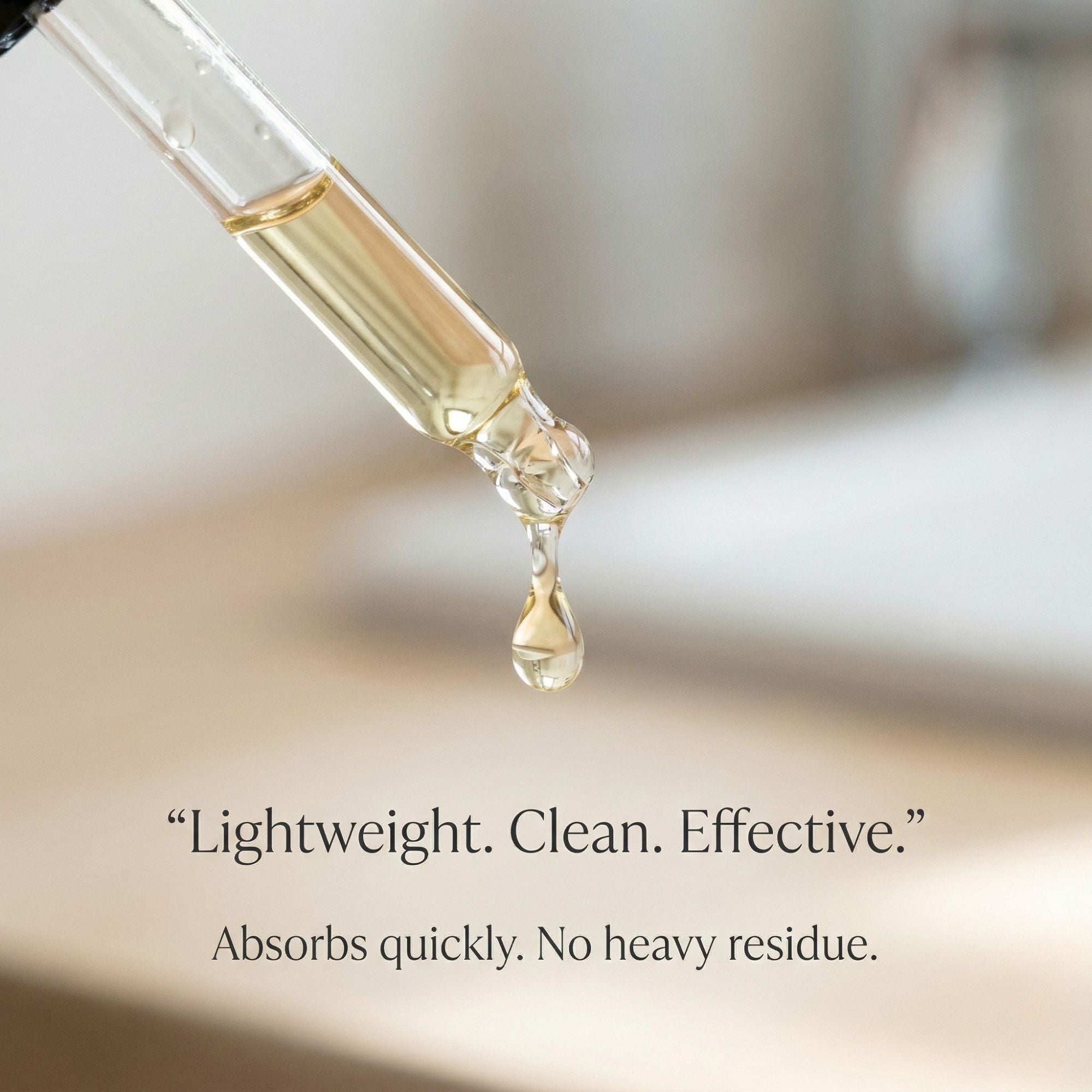 Syringe with liquid droplet and text 'Lightweight. Clean. Effective.' on a blurred background
