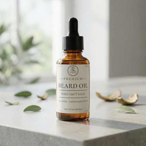 Bottle of premium beard oil with a dropper on a marble surface with leaves.