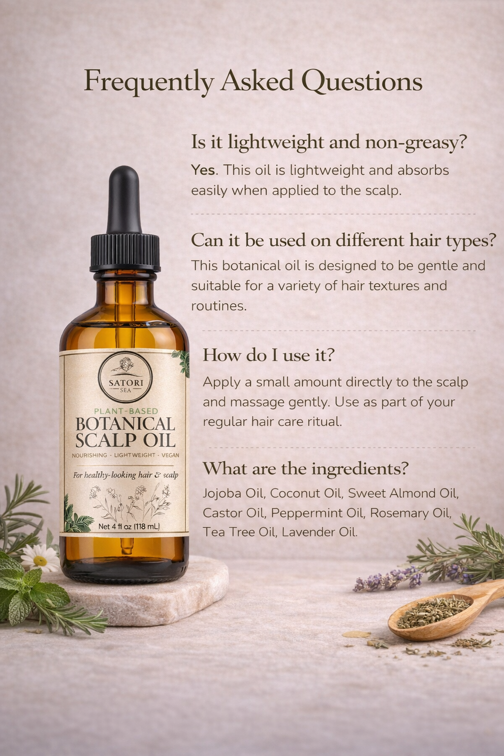 Bottle of botanical scalp oil with text on a light background