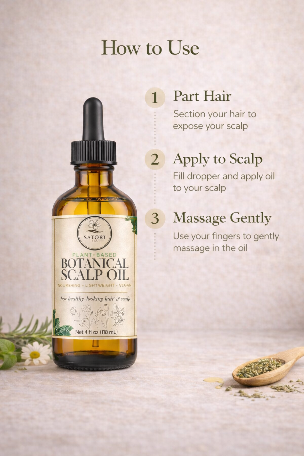 Bottle of botanical scalp oil with usage instructions on a neutral background