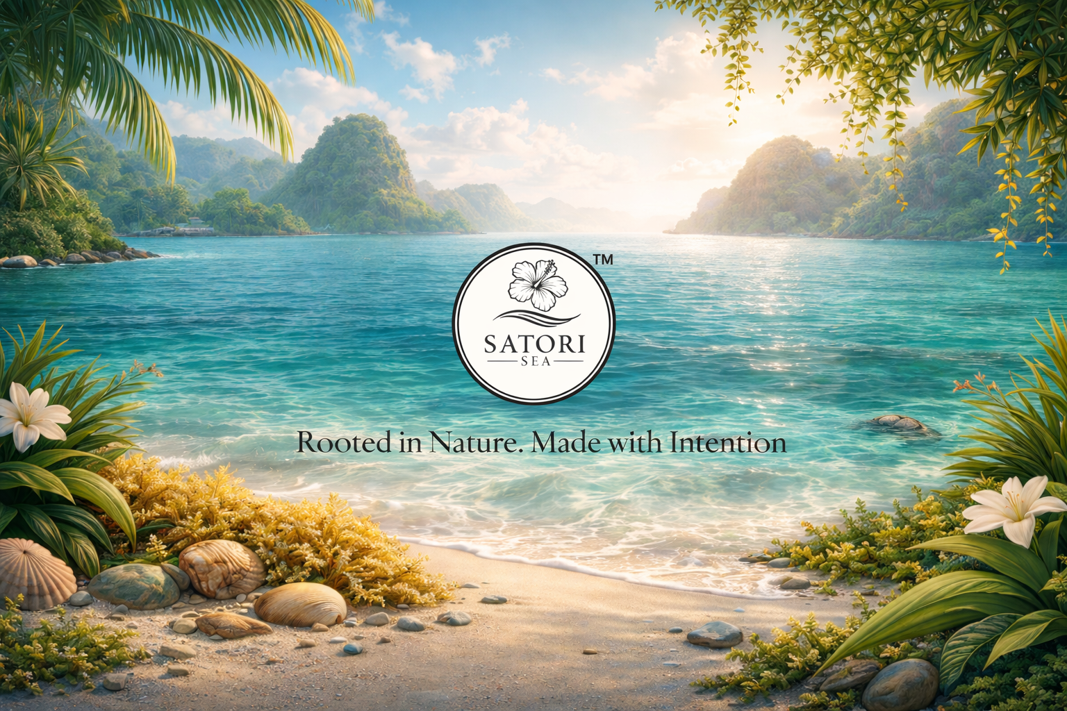 Satori Sea logo with a tropical beach scene in the background