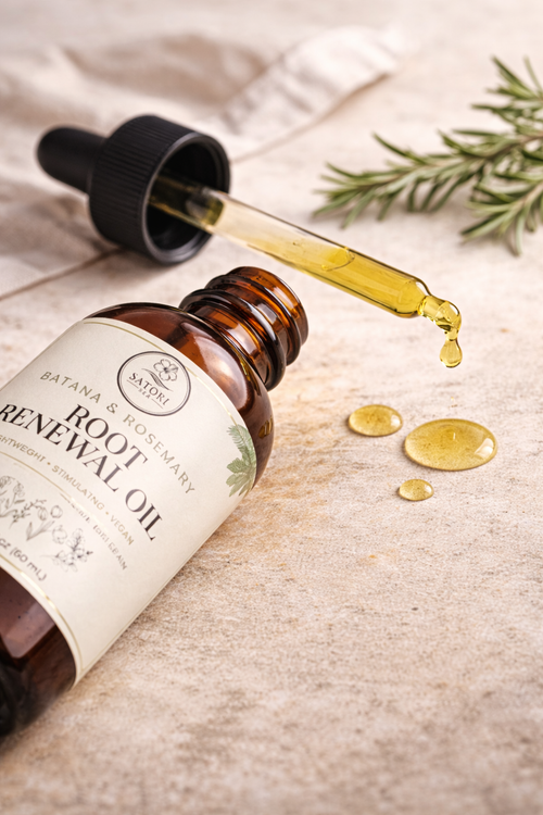 Brown bottle of Root Renewal Oil with dropper on a textured surface