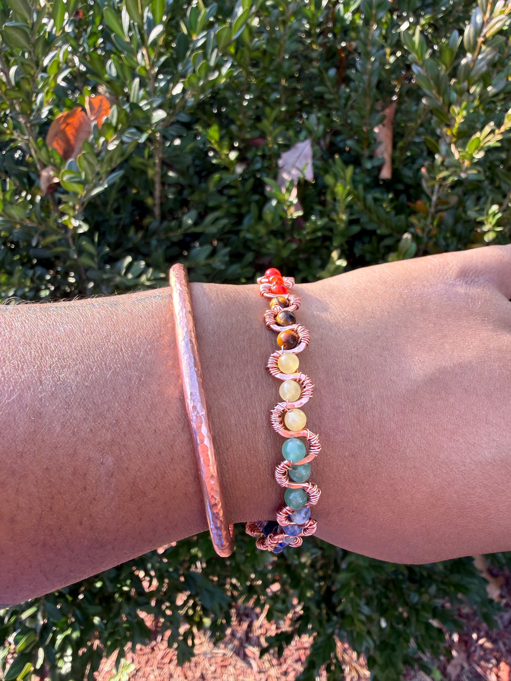 Handmade 2-Piece Copper Bracelet Set | 7-Chakra Gemstone Bracelet + Adjustable Hammered Copper Cuff