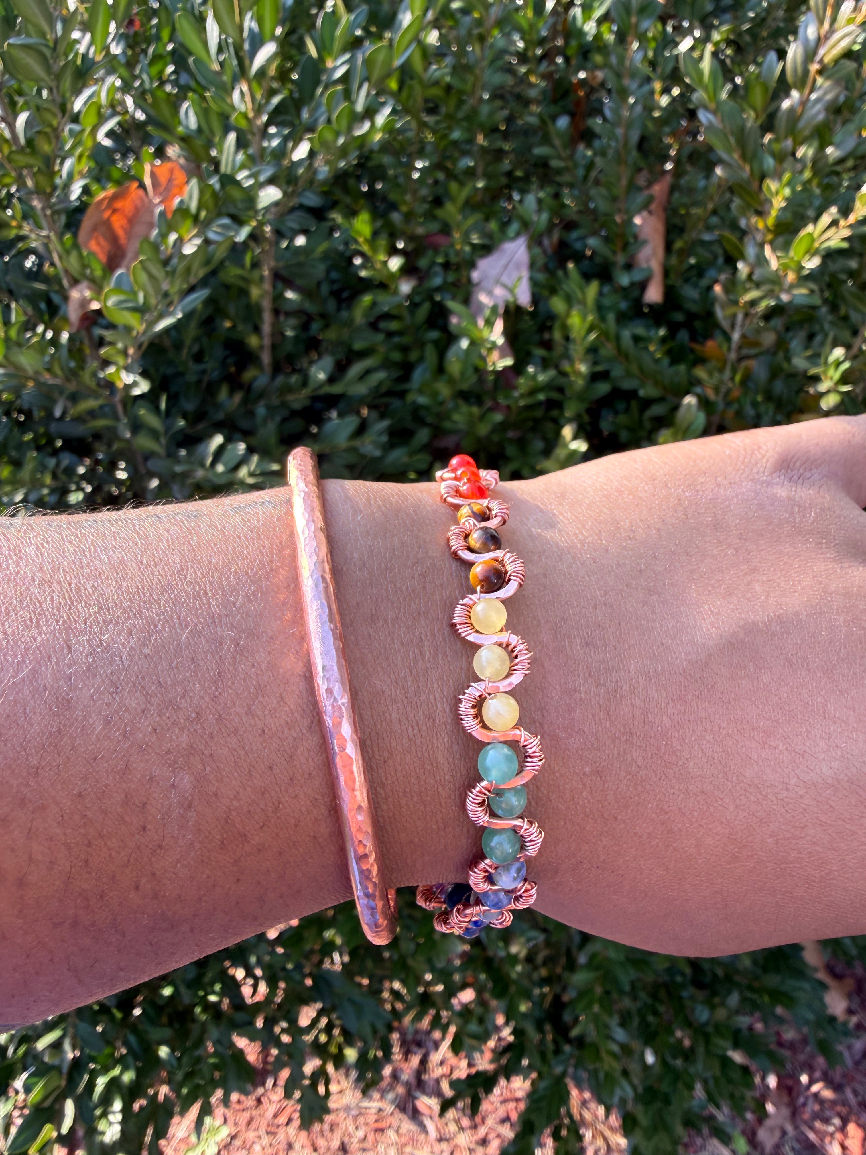 Handmade 2-Piece Copper Bracelet Set | 7-Chakra Gemstone Bracelet + Adjustable Hammered Copper Cuff