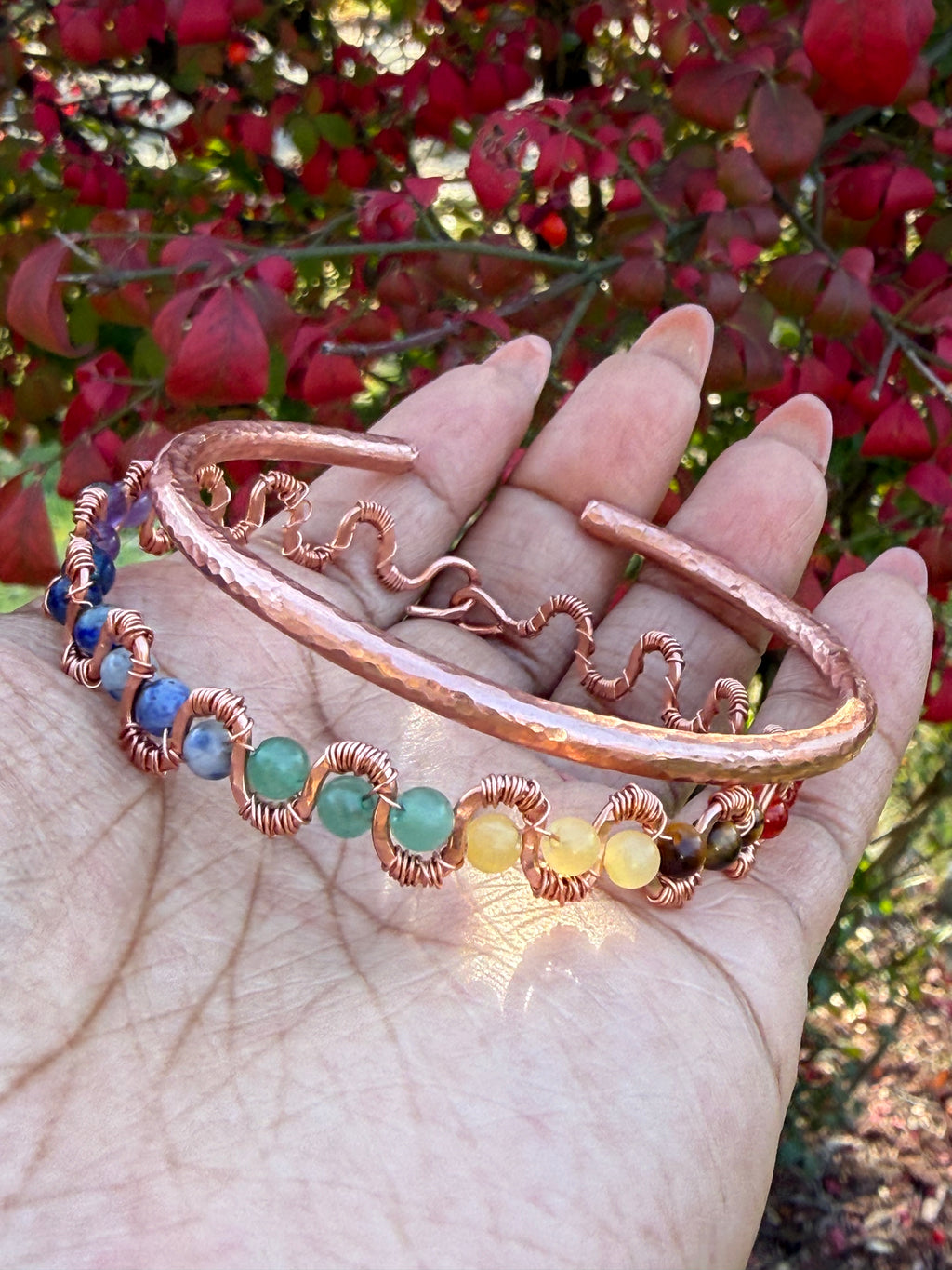 Handmade 2-Piece Copper Bracelet Set | 7-Chakra Gemstone Bracelet + Adjustable Hammered Copper Cuff