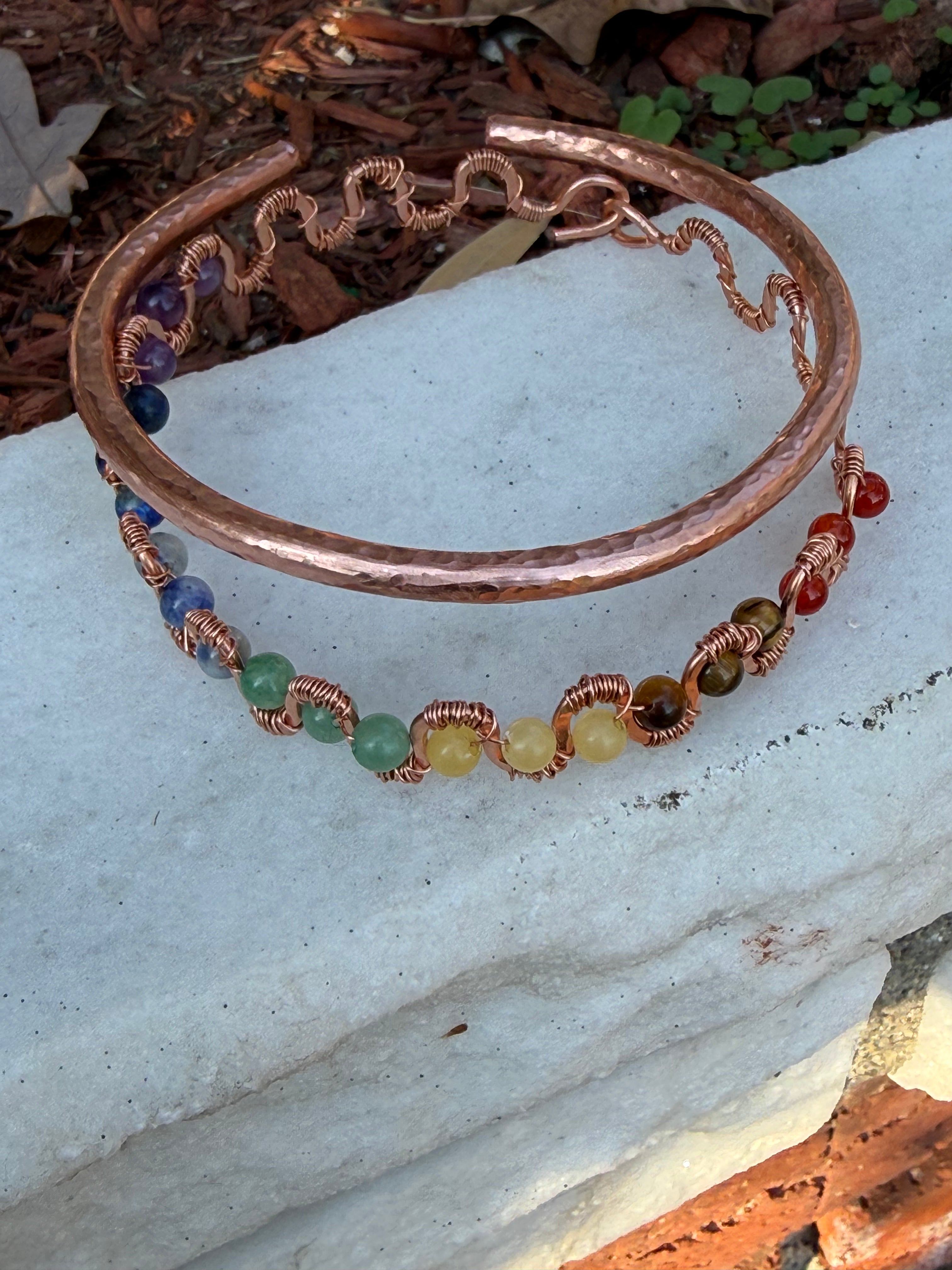 Handmade 2-Piece Copper Bracelet Set | 7-Chakra Gemstone Bracelet + Adjustable Hammered Copper Cuff