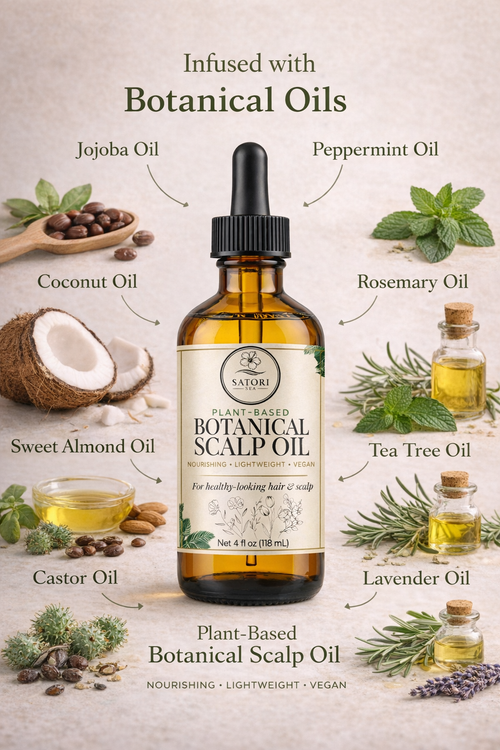 Botanical scalp oil with ingredients labeled on a light background