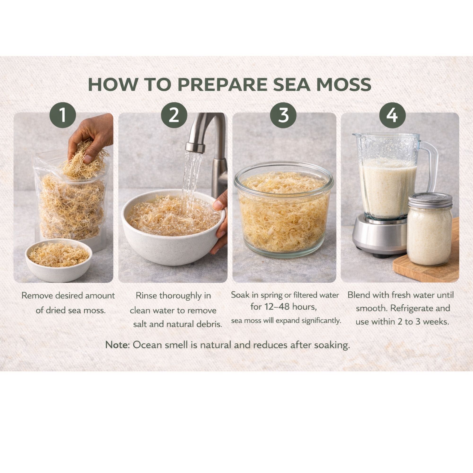 Step-by-step guide on how to prepare sea moss with images and text.