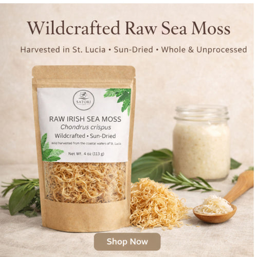 Package of wildcrafted raw sea moss with a jar and spoon on a neutral background