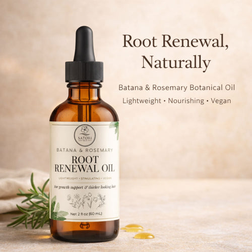 Bottle of Batana & Rosemary Botanical Root Renewal Oil with dropper on a beige background