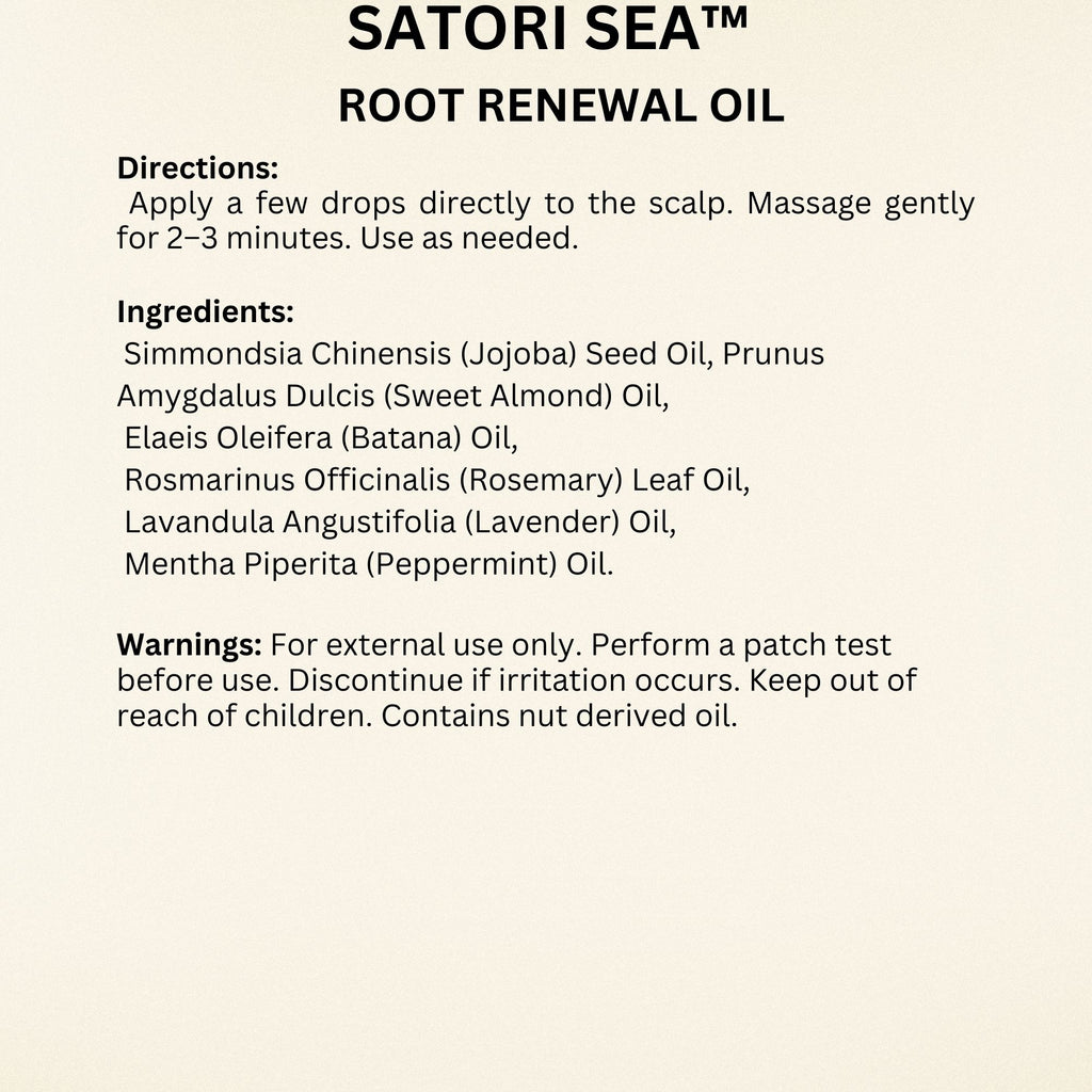 Instructions, ingredients, and warnings for Satori Sea Root Renewal Oil on a beige background