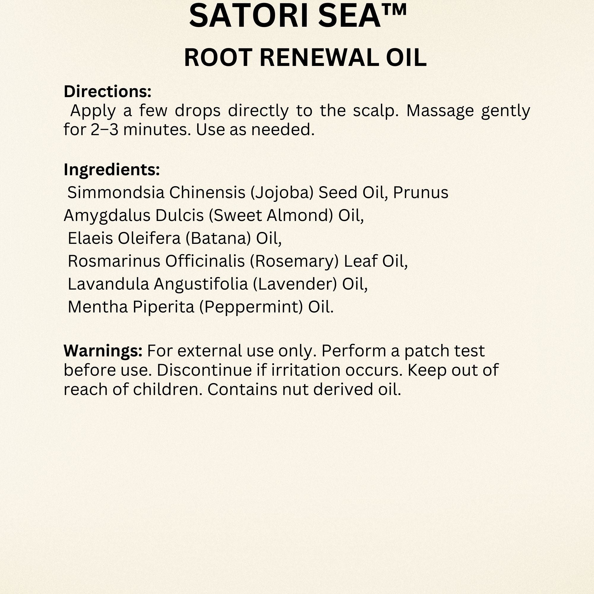 Instructions, ingredients, and warnings for Satori Sea Root Renewal Oil on a beige background