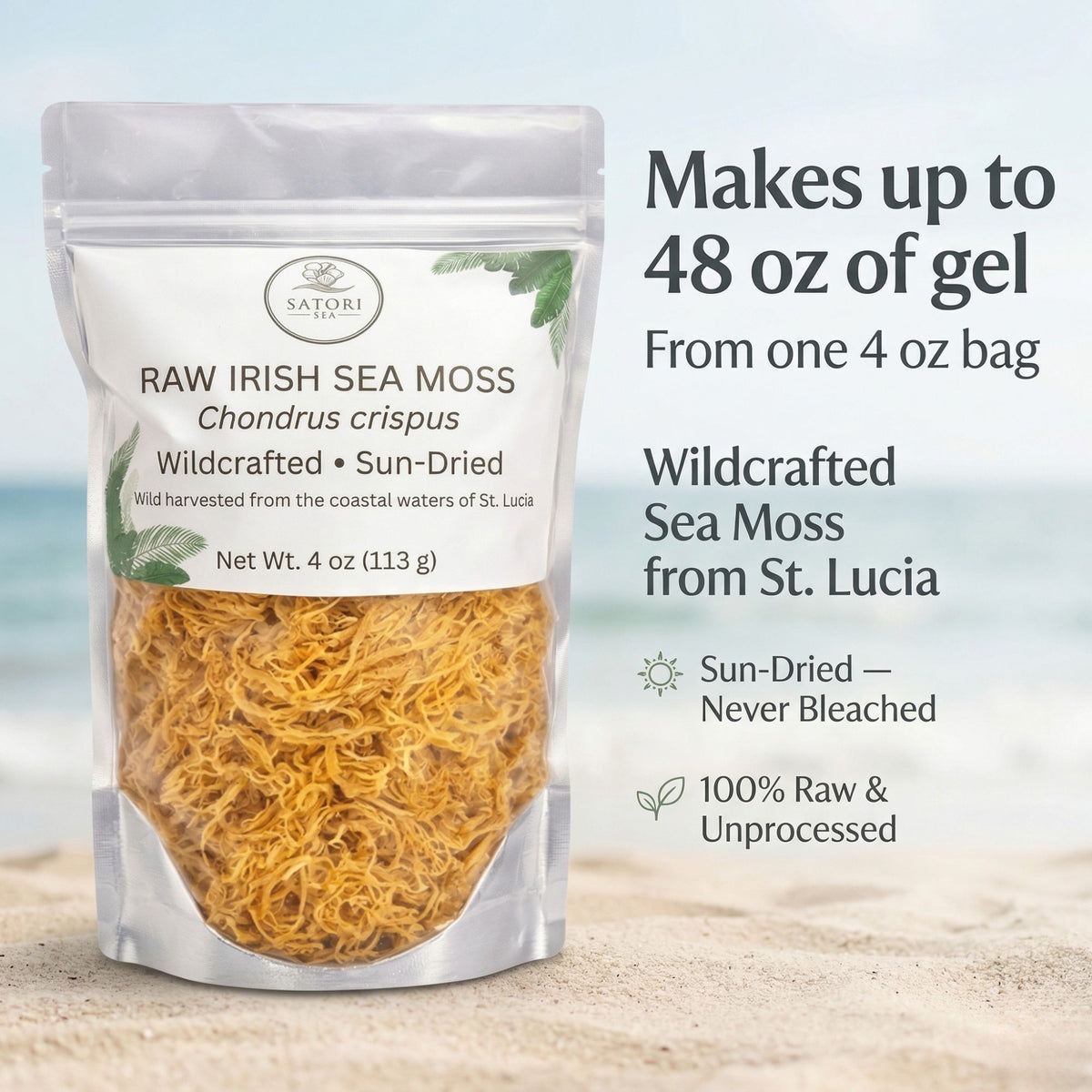 A stand-up pouch of Satori Raw Irish Sea Moss shown on a beach-style background with text reading 'Makes up to 48 oz of gel From one 4 oz bag' and additional product claims.