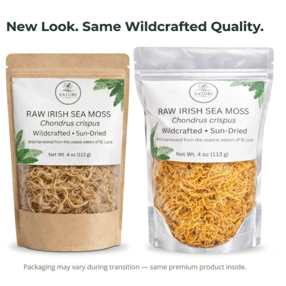 Two stand-up pouches of Satori brand Raw Irish Sea Moss (Chondrus crispus) shown side by side on a white background, with the headline 'New Look. Same Wildcrafted Quality.