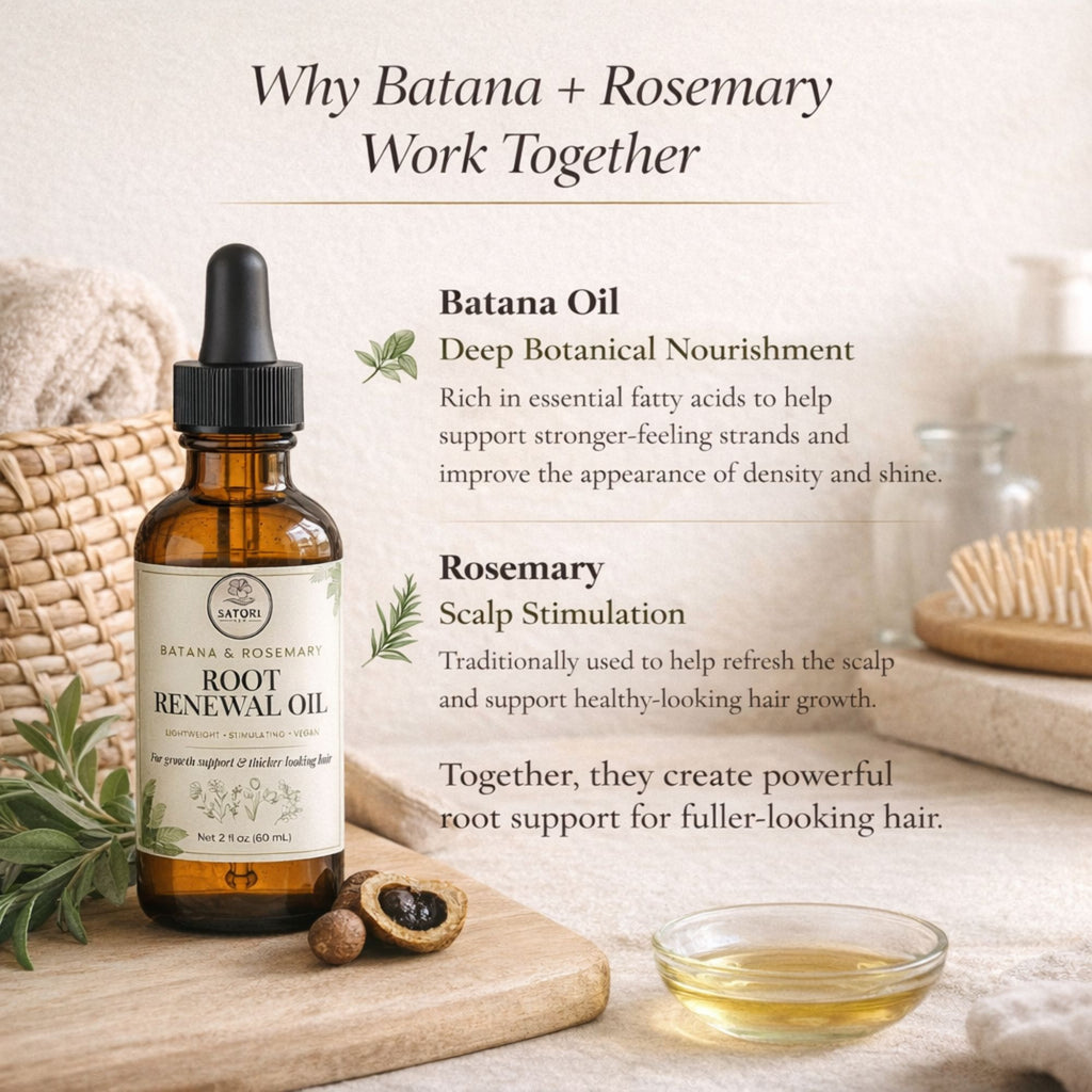 Batana + Rosemary Root Renewal Oil bottle with text on a neutral background