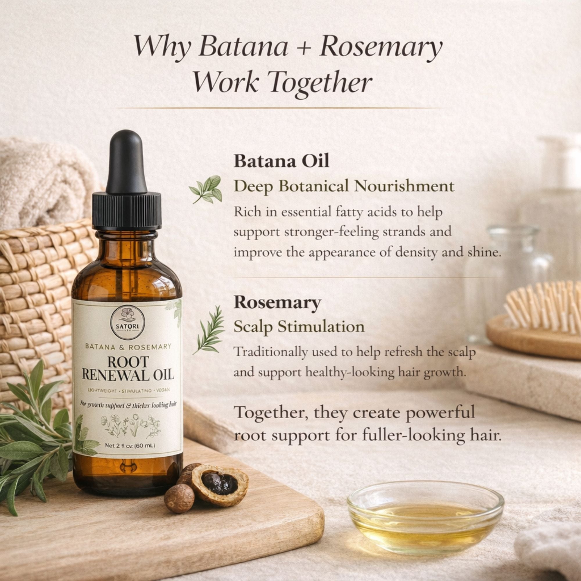 Batana + Rosemary Root Renewal Oil bottle with text on a neutral background