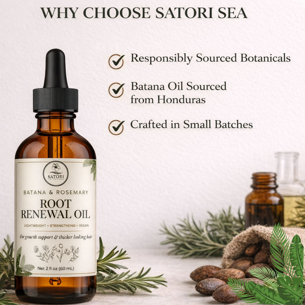 Bottle of Satori Sea Root Renewal Oil with botanicals and text highlighting features