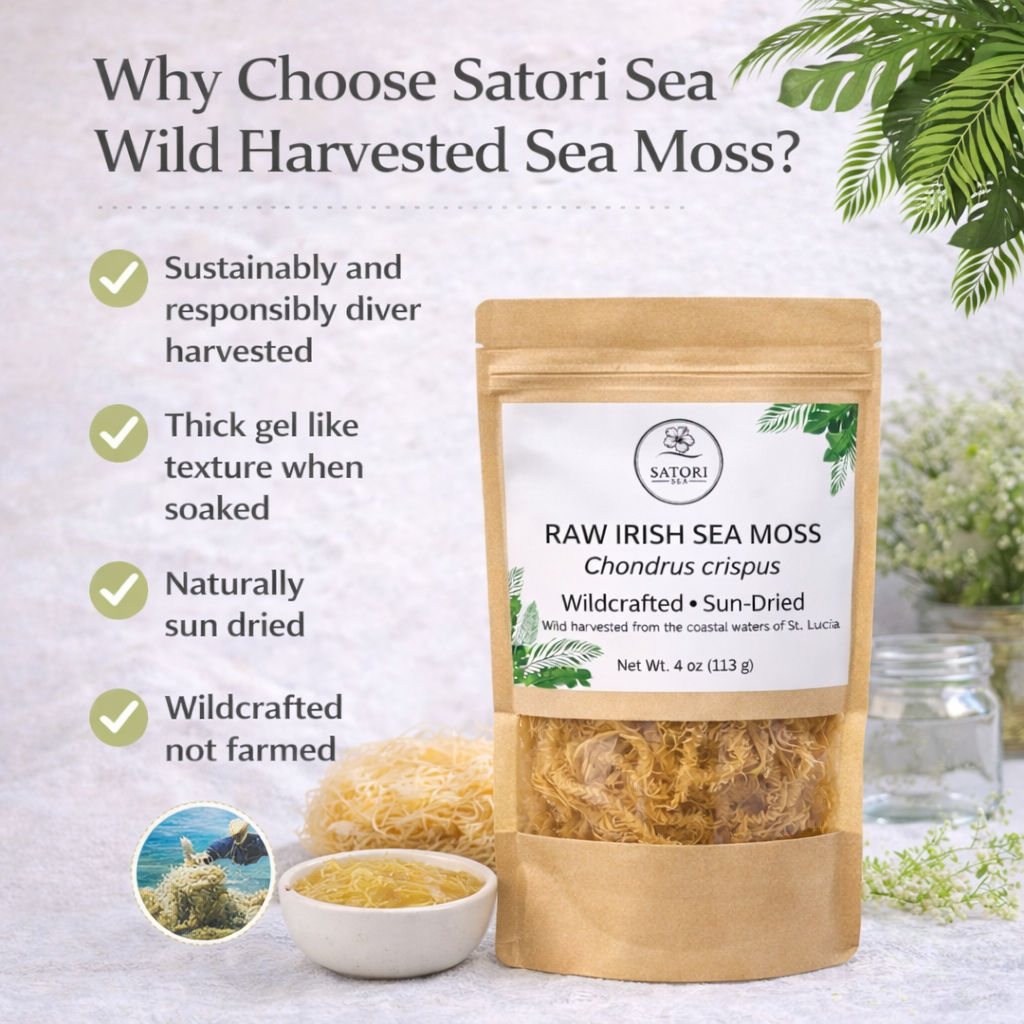 Satori Sea Raw Irish Sea Moss packaging with text highlighting features on a light background.