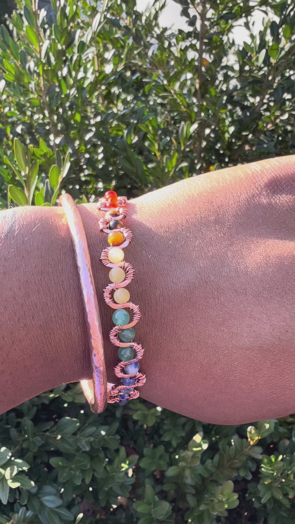 Handmade 2-Piece Copper Bracelet Set | 7-Chakra Gemstone Bracelet + Adjustable Hammered Copper Cuff